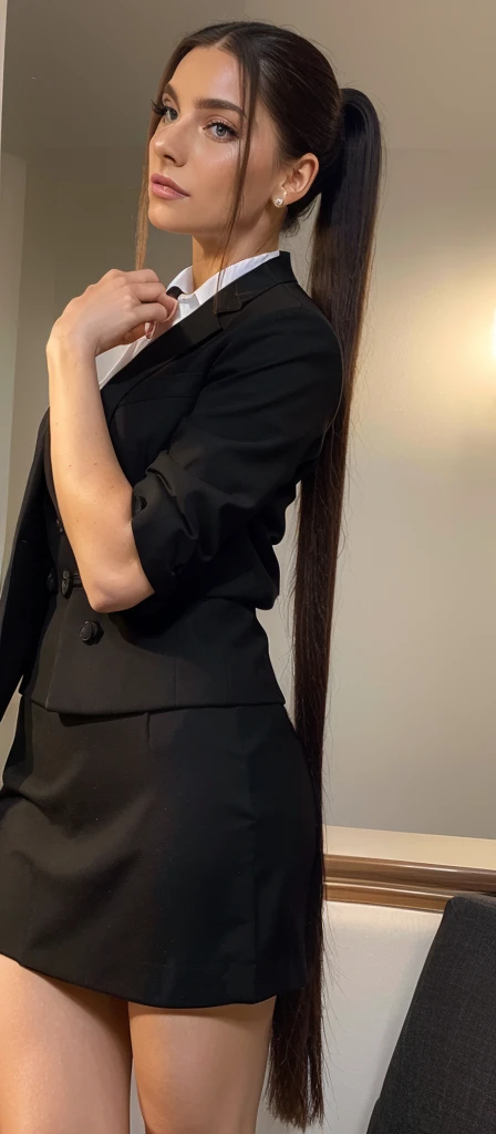 A realistic photo of beautiful and elegant italian business woman with  black skirt suit, light makeup, long straight brown high straight ponytail hair , high quality, very detailed, perfect fit,