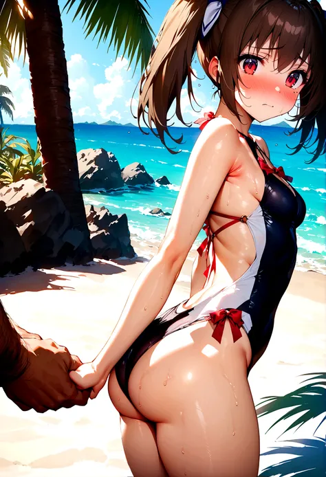 NSFW,masterpiece,Highest quality,High resolution,Super detailed,Nekone (Utawarerumono),Brown Hair、（Red Eye：1.3）、ribbon,Twin tails、ヘアribbon、Mole、目の下のMole,Small breasts,High-quality sexy swimwear,Japanese style,beach,Palm tree,Rock Shade,Embarrassed,blush,(S...