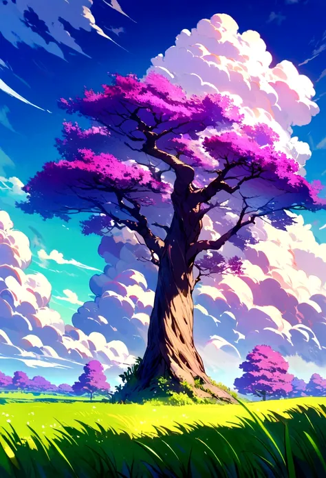 A green field with a purple tree and its blue with clouds 