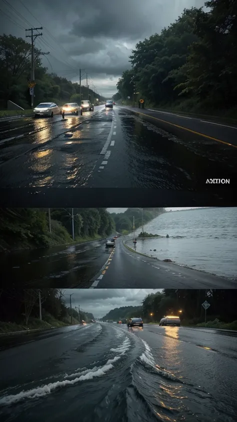 "Create an image that conveys a sense of suspense and imminent danger, showing flooding on a lane or highway during a thunderstorm. The scene must include a partially submerged road, with abandoned cars and murky, violent water covering the road. Use a dar...