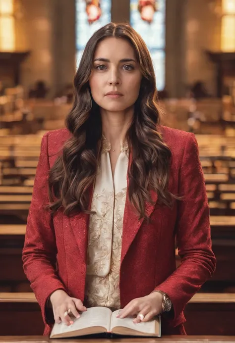 ((woman)), (30 year old), (long hair), (wearing reddish suit), (speech at a lectern), (bible on the pulpit), (modern protestant church background), (golden hour light), (photo realism), (hyper detailed), diffuse lighting, (Slightly blurred background with ...