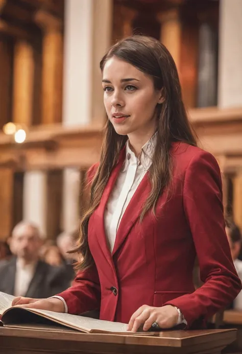 ((woman)), (30 year old), (long hair), (wearing reddish suit), (speech at a lectern), (bible on the pulpit), (modern protestant church background), (golden hour light), (photo realism), (hyper detailed), diffuse lighting, (Slightly blurred background with ...