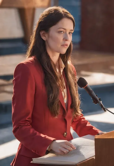 ((woman)), (30 year old), (long hair), (wearing reddish suit), (speech at a lectern), (bible on the pulpit), (modern protestant church background), (golden hour light), (photo realism), (hyper detailed), diffuse lighting, (long shot in Nikon D850 DSLR), ((...