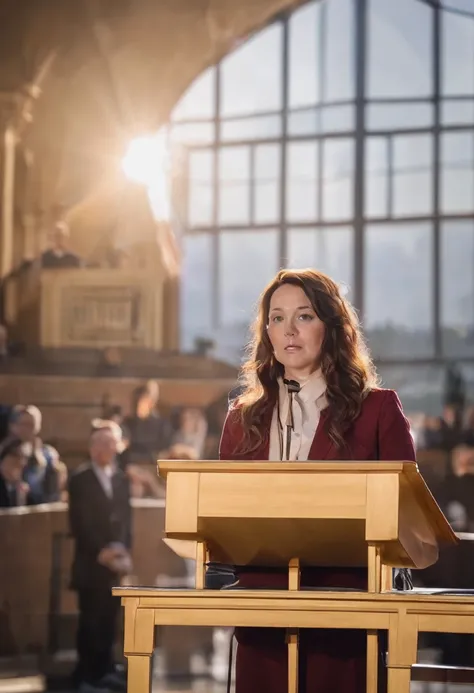 ((woman)), (30 year old), (long hair), (wearing reddish suit), (speech at a lectern), (bible on the pulpit), (modern protestant church background), (golden hour light), (photo realism), (hyper detailed), diffuse lighting, (long shot in Nikon D850 DSLR), ((...