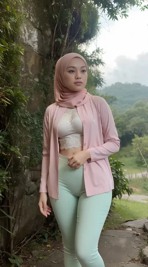 malay teen sexy seducing pose, sunrise,forest mossy,waterfall view,mountain view,water splash, mira filzah:1.9), wearing hijab, pastel color hijab, unbutton jacket see a lace bra and pastel long gym outfit, , small breast, flat chest, wide waist, thick thi...