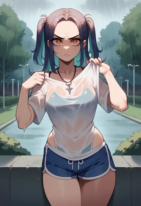 score_9, score_8_up, score_7_up,expressive eyes,1 girl, straight cut,hair over forehead, smooth hair,mixed colored hair,orange eye, swirly eyes,necklace,two side up, revealing shirt, loose shirt, dolphin shorts,in park, closed mouth, :t, pout, mad ,thunder...