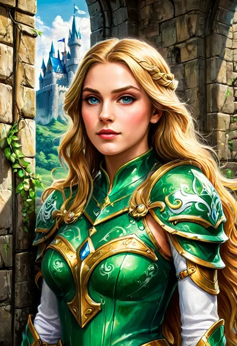 a graffiti painting art on the wall of the castle of Princess Zelda on the wall of a castle, ,Princess Zelda (intense details, Masterpiece, best quality: 1.5), wearing intricate green dress, delicate diamond crow, ultra detailed face, ultra feminine, fair ...