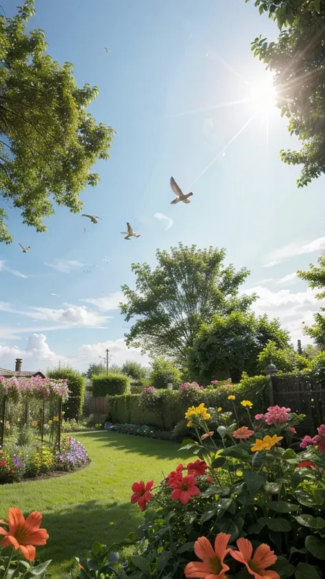 Summer garden with bright flowers , birds flying close-up