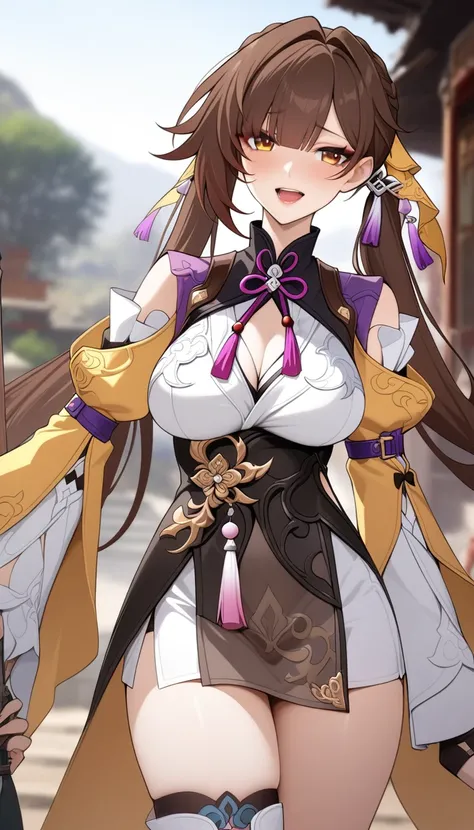 masterpiece, best quality, very aesthetic, absurdres, 1girl, mature_lady, ,1girl, sushang (honkai: star rail), honkai: star rail, brown hair, long hair, twintails, brown eyes, breasts, holding, long sleeves, open mouth, hair ornament, chinese clothes,lip b...