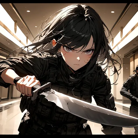 woman with a black outfit and tactical vest, serious face, 4k, black hair with silver bangs, assassin women, holding a knife, (8k, best quality, masterpiece: 1.2), ultra-detailed, dynamic, hotel hall, action
