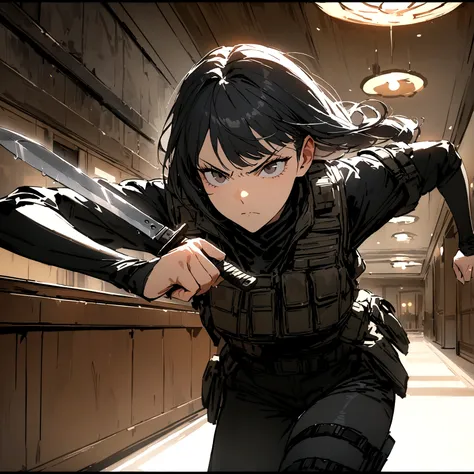 woman with a black outfit and tactical vest, serious face, 4k, black hair with silver bangs, assassin women, holding a knife, (8k, best quality, masterpiece: 1.2), ultra-detailed, dynamic, hotel hall, action
