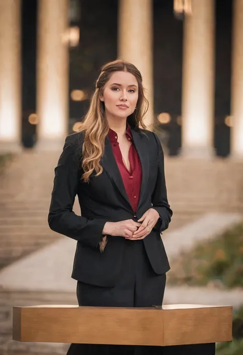 ((woman)), (30 year old), (long hair), (wearing reddish suit), (speech at a lectern), (bible on the pulpit), (modern protestant church background), (golden hour light), (photo realism), (hyper detailed), diffuse lighting, (((front view))), (long shot in Ni...