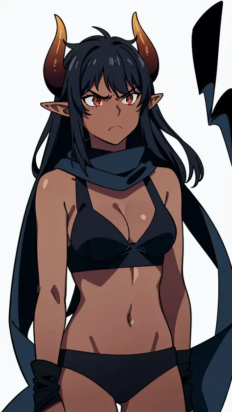 (1girl ,25s,adult,mature female),long hair, black hair,horns,elf ears,((black scarf)),cleavage,(((dark skin))),(black sports bra, midriff),(white background, line drawing), upper body,looking at view,((angry)),closed mouth,from front,pov