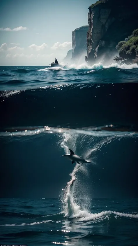 "Create an image that conveys a sense of suspense and imminent danger, showing a shark attack on a beach. The scene must include the menacing silhouette of a shark with its dorsal fin above the water, advancing quickly towards a person swimming. Use a dram...