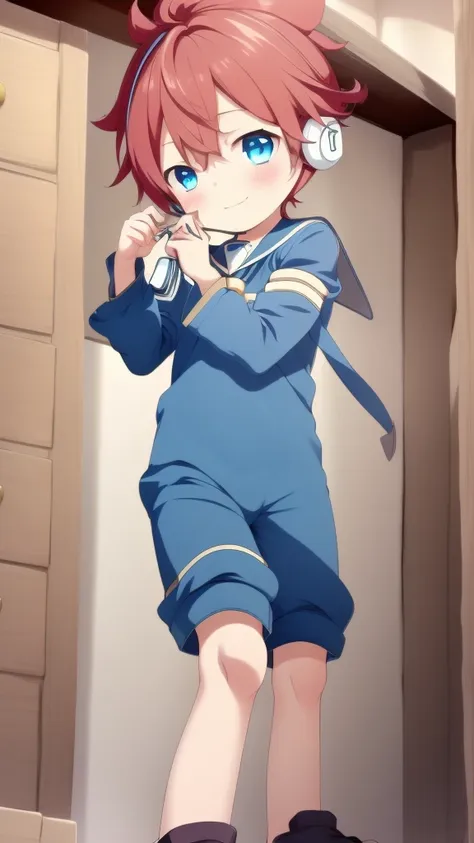 2d boy shota，one-piece racing suit，slim，put the headphones on your head，standing，goggles，happy，sailor collar，lovely