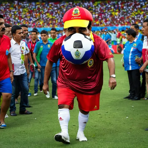 Nicolas Maduro wearing a poorly made soccer ball mascot costume made of recycled materials