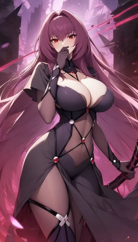 masterpiece, best quality, very aesthetic, absurdres, 1girl, mature_lady, ,1girl, scathach (fate), fate (series), breasts, long hair, purple hair, red eyes, large breasts, hair between eyes, cleavage, very long hair, weapon, polearm,covering mouth,Deconstr...