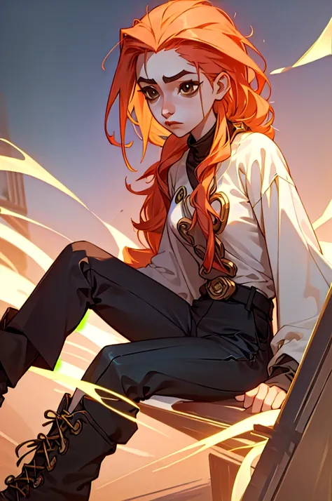 best quality, masterpiece,  j1nx101,1girl,   Estilo Arcane (league of Legends), a woman wearing black pants and gold details with high boots, a white shirt with long, wide sleeves and slightly wavy light pastel orange hair with brown eyes. sonríendo leveme...