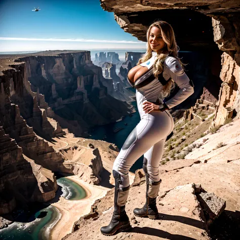 At the top of the mountain and on the edge of the cliff, a muscular blonde woman, with huge ass, big breasts with hard nipples, wearing white spacesuit, wearing titanium style boots, Looking and smiling at the camera, Beautiful feet, showing full body. Und...