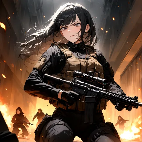 woman with a black outfit and tactical vest, serious face, 4k, black hair with silver bangs, assassin women, firearms, (8k, best quality, masterpiece: 1.2), ultra-detailed, dynamic, hotel hall, action, embers, foggy
