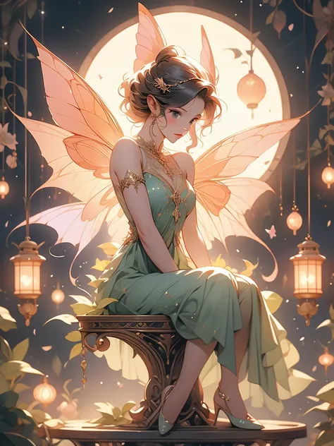 there is a fairy sitting on a crescent with a lantern, the moonlit dance of the fae, a beautiful pole dancing fairie, by Alison Kinnaird, fairy cgsociety, beautiful fairie, faerie, beautiful faery sorceress, fantasy gorgeous lighting, by Nene Thomas, beaut...