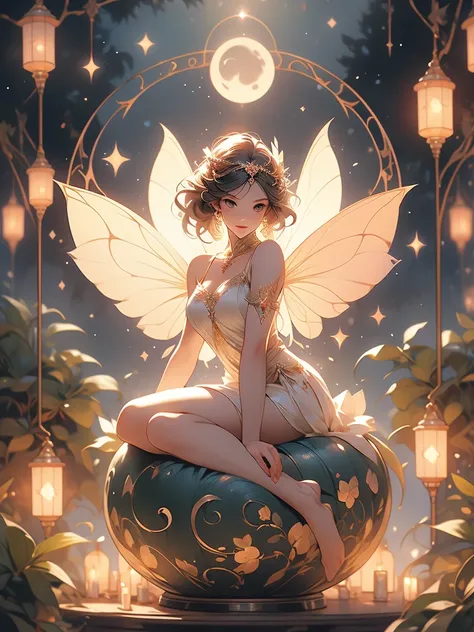 there is a fairy sitting on a crescent with a lantern, the moonlit dance of the fae, a beautiful pole dancing fairie, by Alison Kinnaird, fairy cgsociety, beautiful fairie, faerie, beautiful faery sorceress, fantasy gorgeous lighting, by Nene Thomas, beaut...