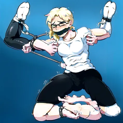 ,Handsome muscular blonde man wearing glasses and white shirt and a brown tie and black pants and white socks, gagged with a tape gag, in a hogtie bondage position, laughing,brushes held by Hands tickling feet, sweaty face, nose tickled by feathers,office ...