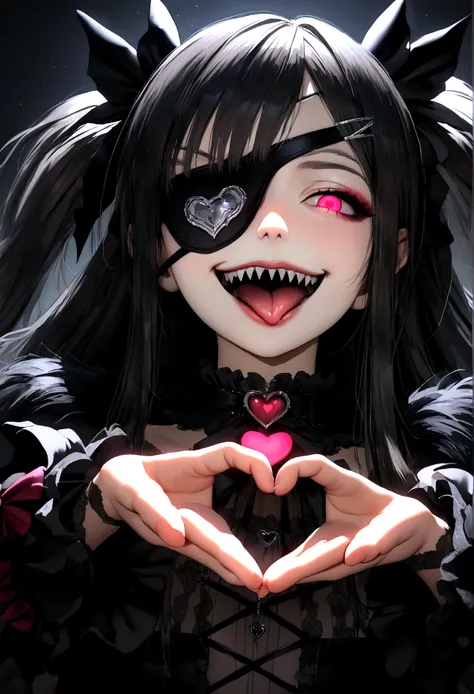 female((beautiful,eye patch(very beautiful, gothic fashion,heart mark):1.3),age 12 years,fur(White,pale,seeds,silky,bright),eyes(beautiful,many star-shaped reflections),Using makeup(rosa),(evil smile:1.3),Open mouth,Sharp teeth,long tongue,Hair(rosa,two ta...