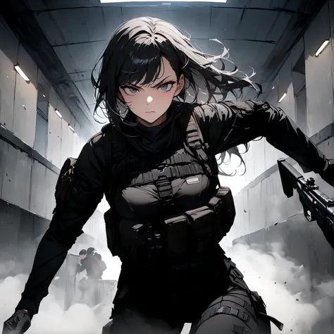 woman with a black outfit and tactical vest, serious face, 4k, (black hair with silver bangs),solo , assassin women, firearms, (8k, best quality, masterpiece: 1.2), ultra-detailed, dynamic, hotel hall, action, foggy
