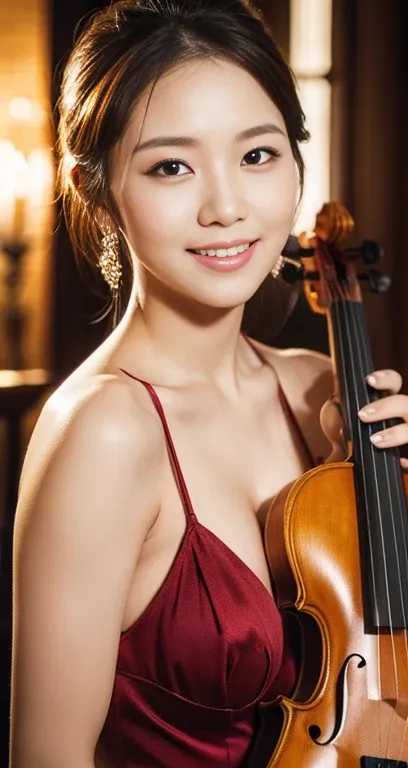 (a gorgeous korean lady, age 28, posing with the violin, wearing a red dress with timeless_elegance , in music hall. she has dimpled cheeks, kind friendly smile, cute snaggle-tooth, short_hair_ponytail, realistic symmetrical face, beautiful detailed face, ...