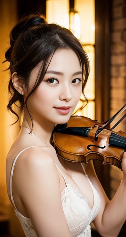 (a gorgeous korean lady, age 28, posing with the violin, wearing a red dress with timeless_elegance , in music hall. she has dim...