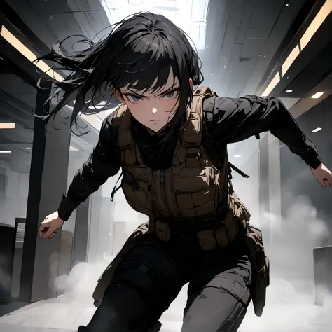 woman with a black outfit and tactical vest, serious face, 4k, (black hair with silver bangs),solo , assassin women, (8k, best quality, masterpiece: 1.2), ultra-detailed, dynamic, hotel hall, action, foggy
