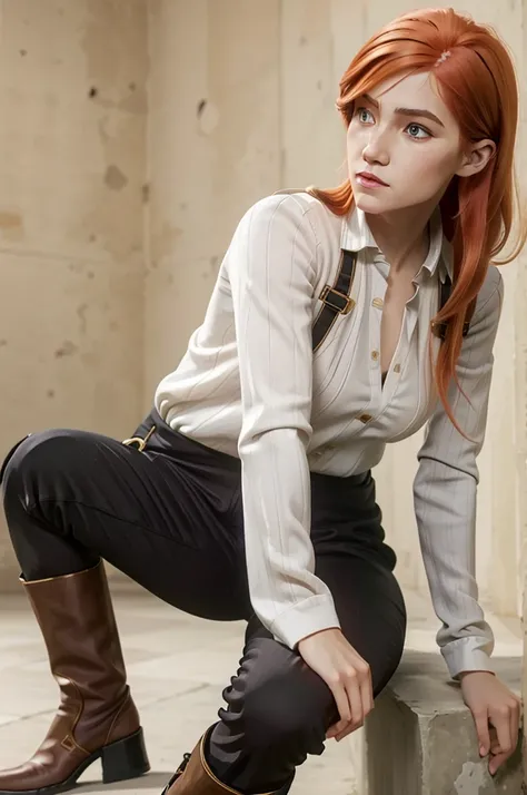 Estilo Arcane (league of Legends), a woman wearing black pants and gold details with high boots, a white shirt with long, wide sleeves and slightly wavy light pastel orange hair with brown eyes. sonríendo levemente.