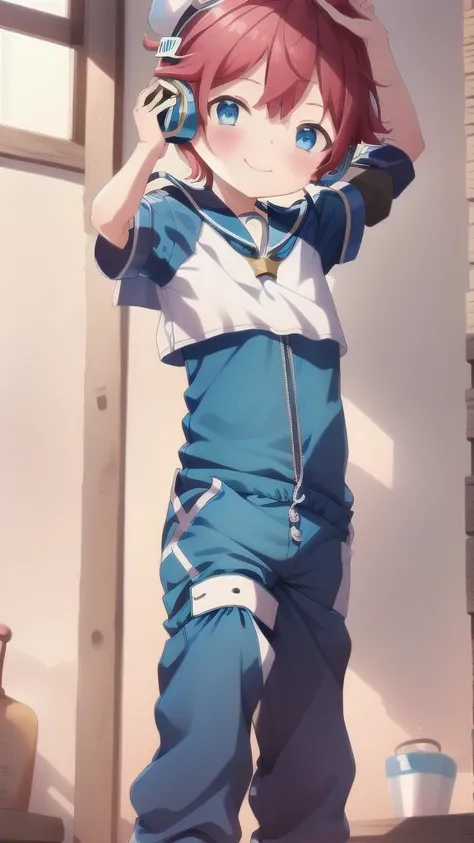 2D Boy Shota，One-piece racing suit，Slim，Put the headphones on your head，Standing，goggles，happy，Sailor collar，Lovely