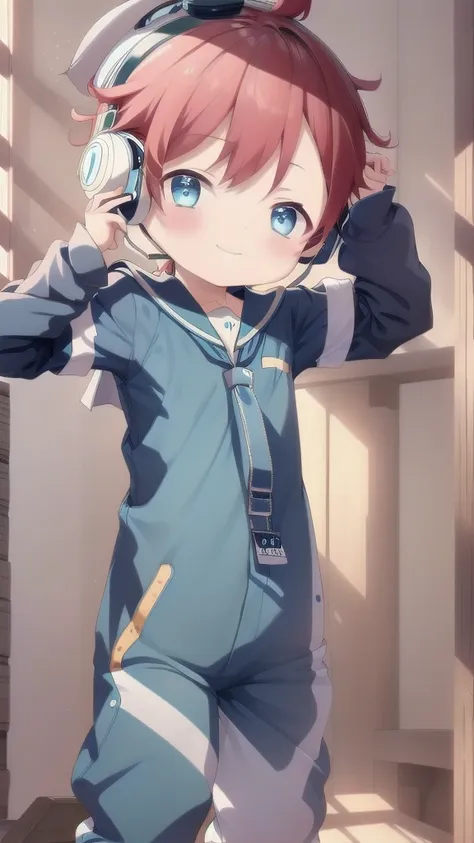 2D Boy Shota，One-piece racing suit，Slim，Put the headphones on your head，Standing，goggles，happy，Sailor collar，Lovely