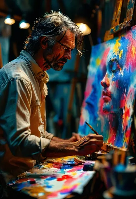 an artist at their easel, their emotions poured into each brushstroke as they lose themselves in their creative flow, captured t...