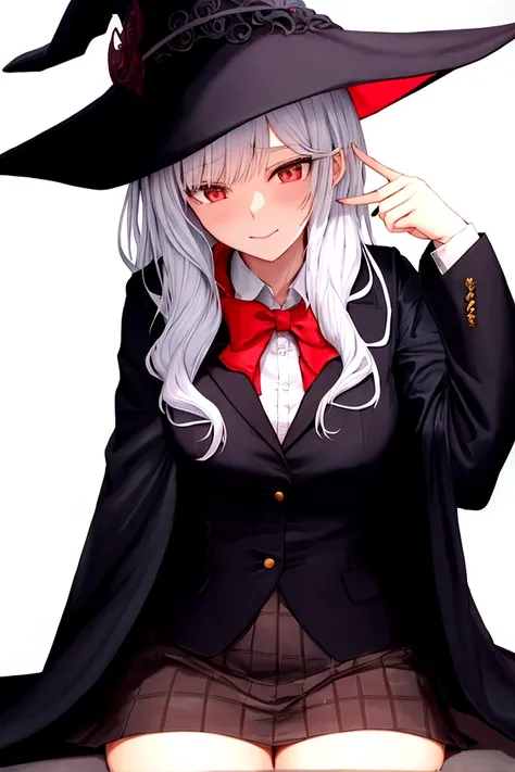 wearing blazer and cloak and witch hat,top and fee