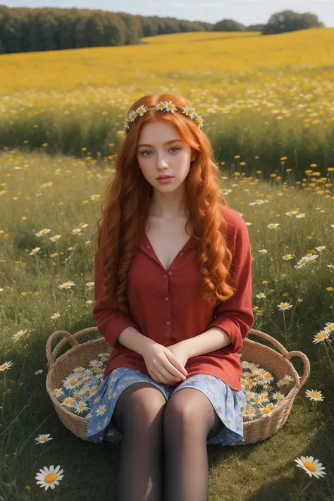 (girl:1.2),alone, (long curly ginger hair:1.1), Brown eyes, Wear a crown of daisies on your head., Sit in a field of daisies, (Fruit basquet:1.1), blue pantyhose, Red shirt,,RAW,photographic,photographic shadows,actual,ridiculous,aesthetic,elegant
