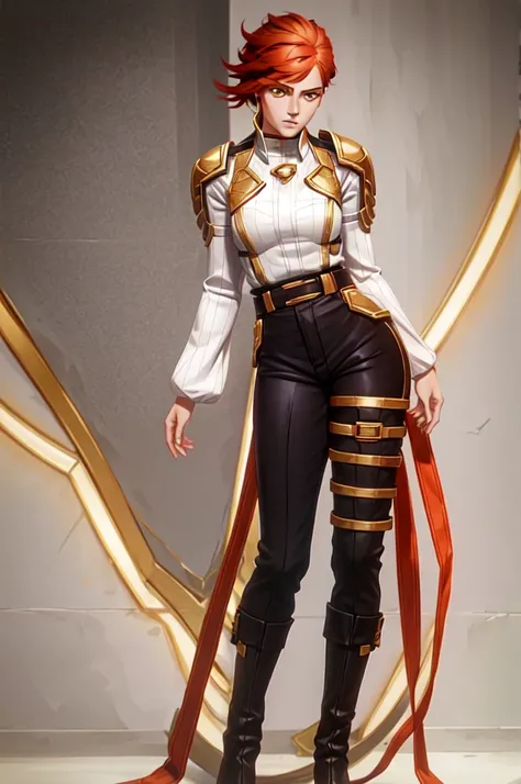 Estilo Arcane (league of Legends), a woman wearing black pants and gold details with high boots, a white shirt with long, wide sleeves and slightly wavy light pastel orange hair with brown eyes. sonríendo levemente.