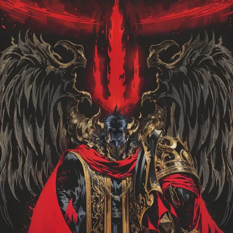 a close-up of a poster featuring a winged figure holding a sword, the divine emperor of humanity, high detailed official artwork, inspired by Castlevania, king of hell, portrait of emperor of mankind, warhammer 40k emperor of mankind, ruler of inferno, the...