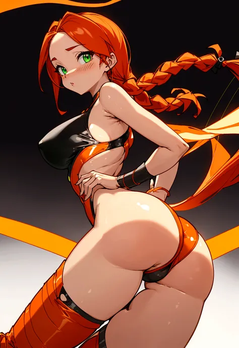 Girl braided hair ultra sexy black swimsuit ultra super tight ass visible swimsuit super stretched and tight ass visible and exposed thin legs sexy Ferrari orange hair & McLaren race bare legs sexy exposed ass posing asian beauty ultra detailed seductive l...