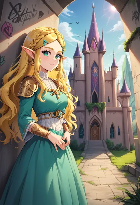 a ga graffiti painting art on the wall of the castle of princess zelda on the wall of a castle, ,princess zelda (intense details...