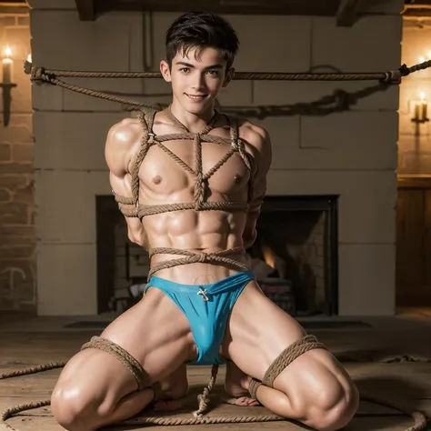  (((19 year old boy, skinny, lean, twink))), smiling (((wearing gym speedos)))  kneeling, ((((Trussed up completely with rope)))), ((((very tight rope crossed over chest)))),(((body in tight shibari ropes))) sweating, wet skin, in a dungeon with candles an...