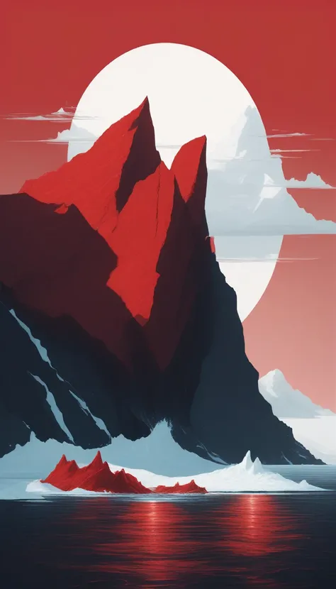 A very random illustration, which doesnt make any sense at all, A red iceberg in the middle of the ocean floating, Cinematically, This disgrace It has to be very realistic as fuck,