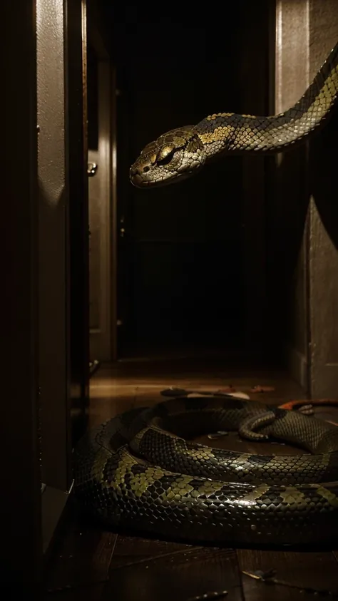 "Create an image that conveys a sense of suspense and imminent danger, showing a poisonous snake inside a house. The scene must include a snake with shiny scales and piercing eyes, gliding silently across the floor of a dimly lit room. Use a dark, oppressi...