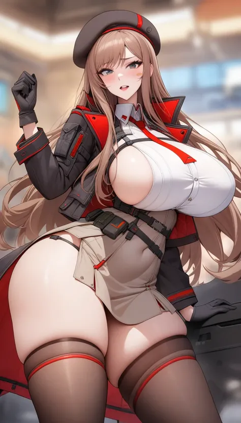 masterpiece, best quality, very aesthetic, absurdres, 1girl, mature_lady, ,1girl, rapi (nikke), goddess of victory: nikke, long hair, breasts, brown hair, hat, large breasts, beret, thighhighs, jacket, gloves, black headwear,blush stickers,Chiseled Stone C...