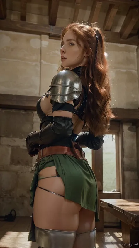 ((A red-haired warrior, from behind, wearing a skirt corta en su trasero, showing her butt, Shot from below, Use plate armor, Steel Gauntlets, steel gloves and steel cuirass, looking back, wearing a skirt)), very detailed skirt, (she doesnt wear underwear,...