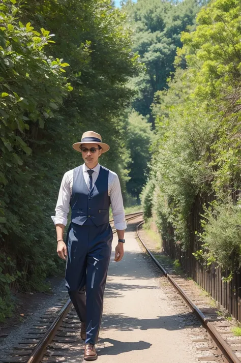 A man in a train outfit walking along a path