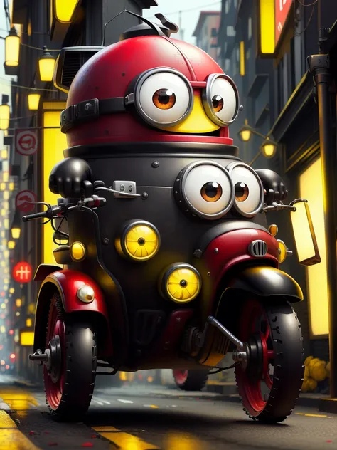 minionstyle black a red motorized rickshaw navigating through bustling market alleys, (smile) (happy expression) (masterpiece:1....