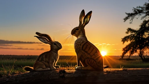 The hare and the tortoise sitting together on a log, with the sun setting in the background, symbolizing their newfound understanding and friendship.